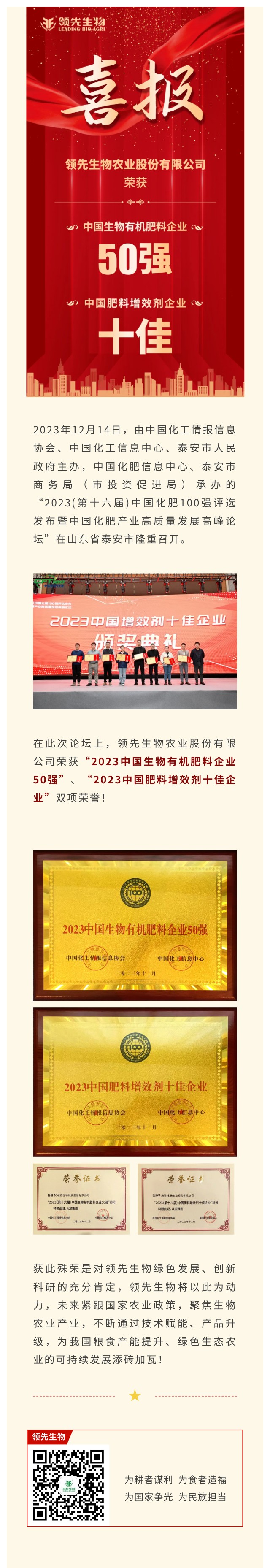 實(shí)力上榜 | 領(lǐng)先生物榮獲2023中國生物有機(jī)肥料企業(yè)50強(qiáng)！中國肥料增效劑十佳企業(yè)！